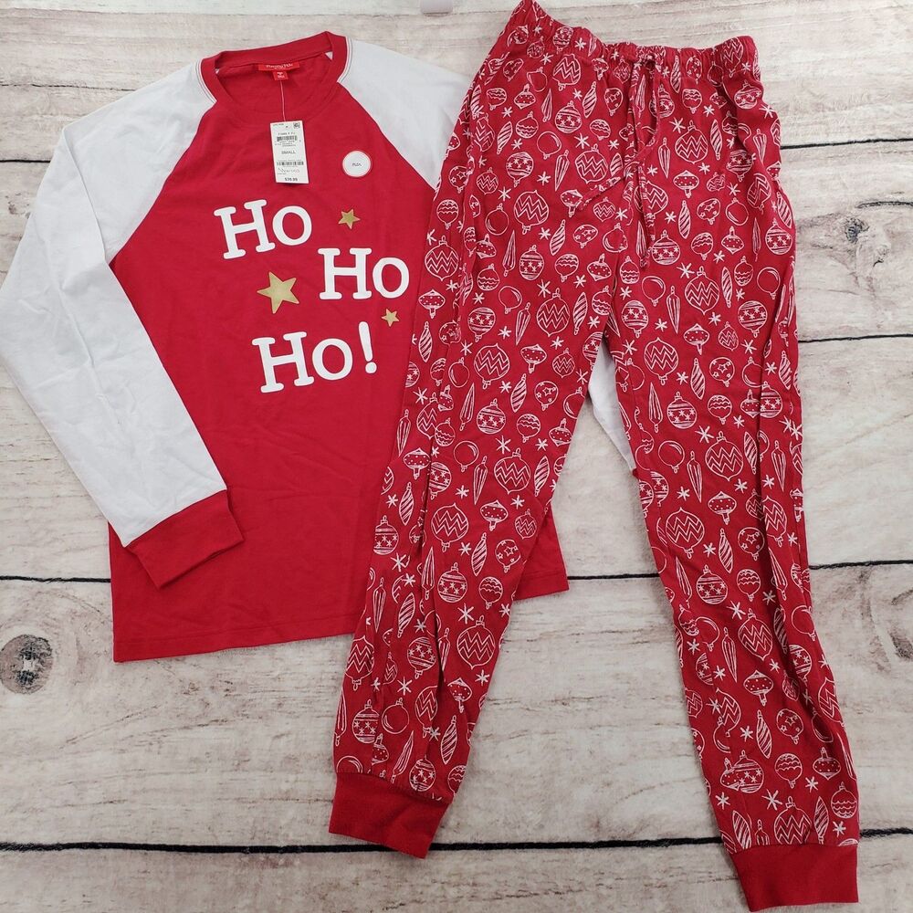NEW Macys Family PJs Men Small Red Matching Pajama Set Ho Shirt Ornaments Pant